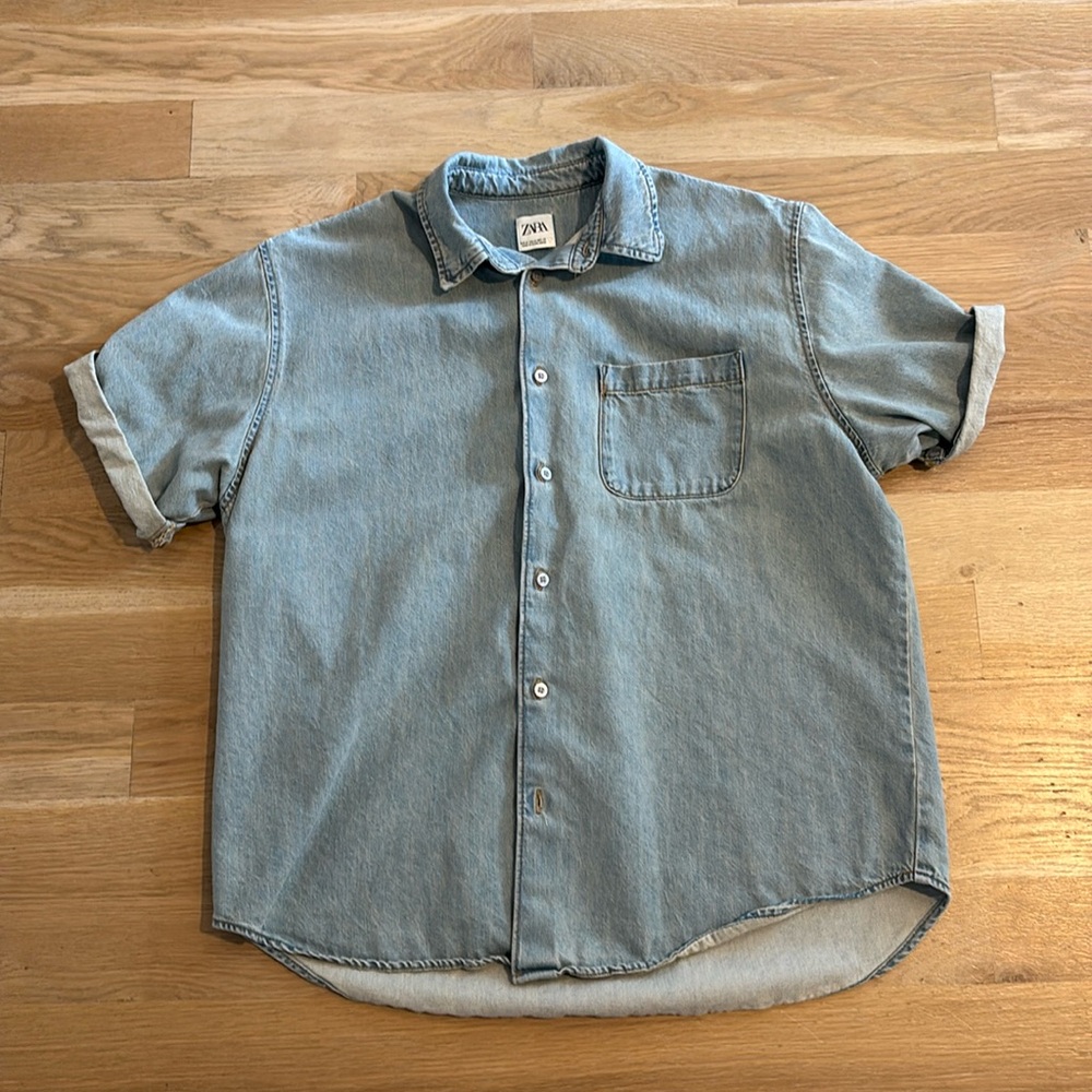 Zara oversized short sleeve denim button down shirt